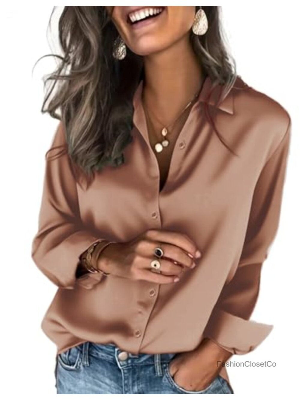 Satin Button Down Shirt Long Sleeve Blouse